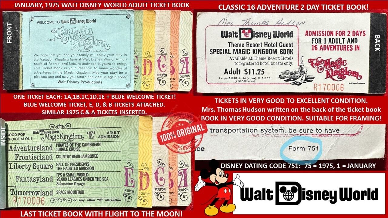1975 A B C D E WALT DISNEY WORLD Ticket Book FLIGHT MOON ALL TICKETS VG - EX H7