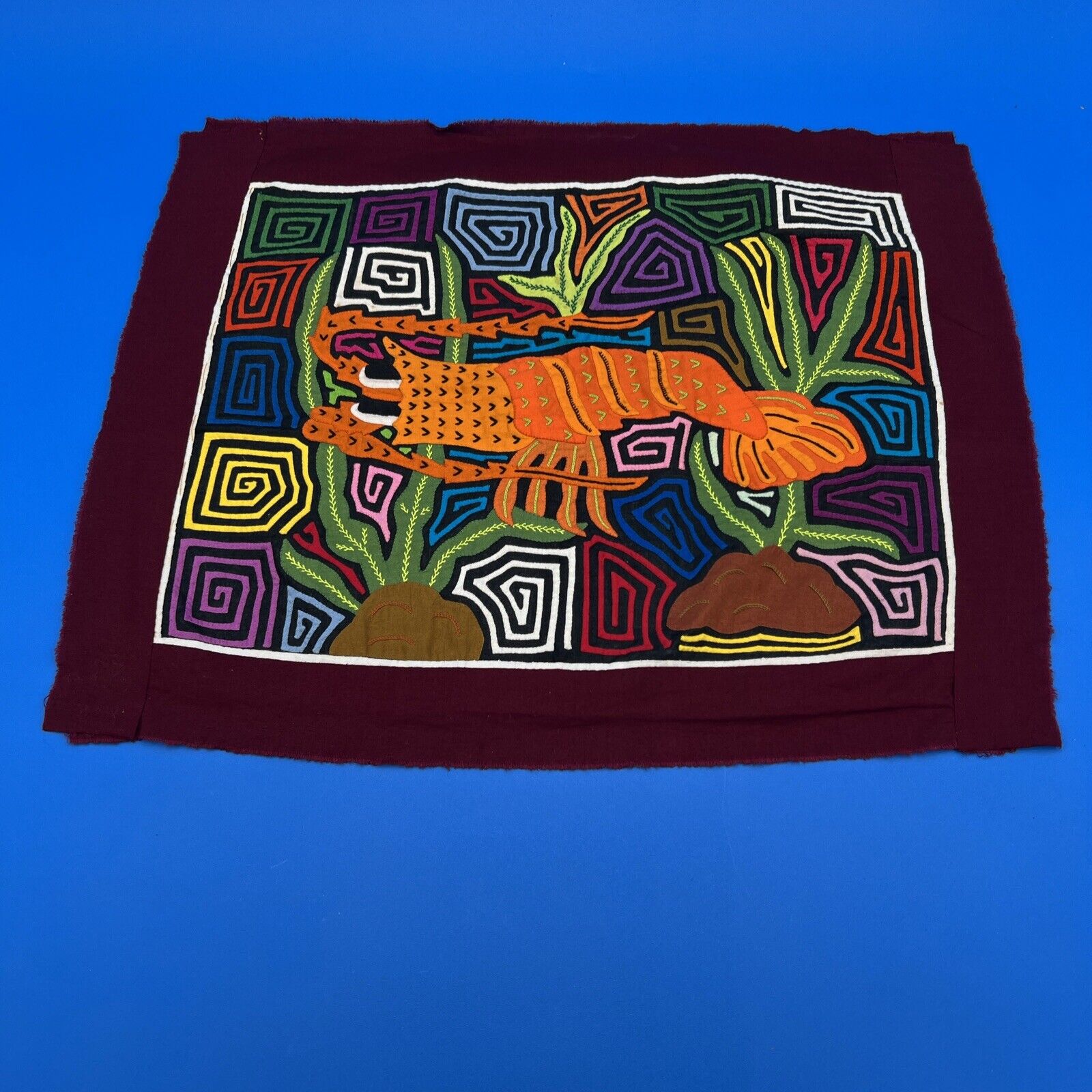 Kuna Indian Folk Art 5-Layer Panama Mola Reverse Embroidery Colorful Lobster