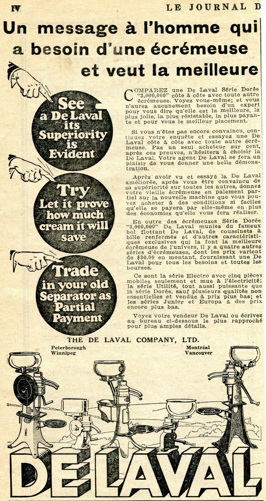 1932 small Print Ad of De Laval Canada Cream Milk Separator