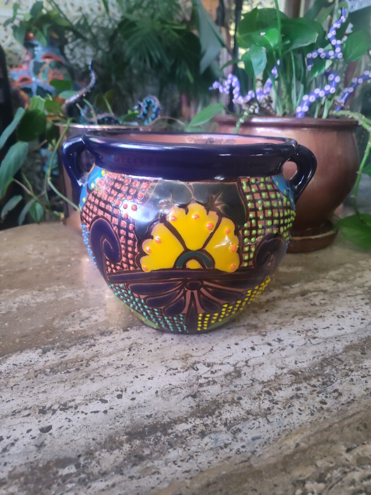 Hand Painted Talavera Planter Pot Mexican Pottery with Handles 6.5\