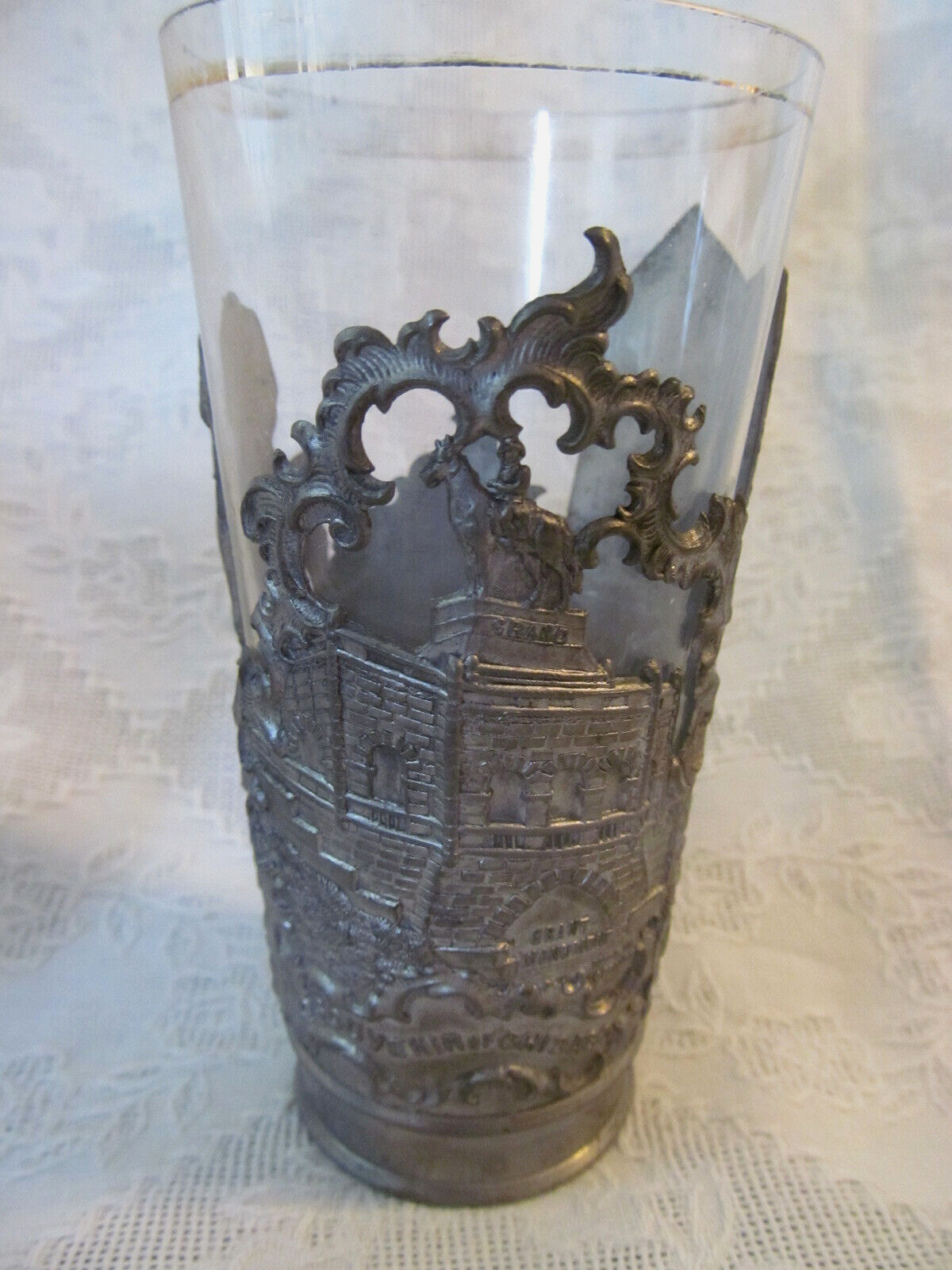 early 1900s~Antique Chicago Souvenir Tumbler Pewter Sleeve Covering Glass