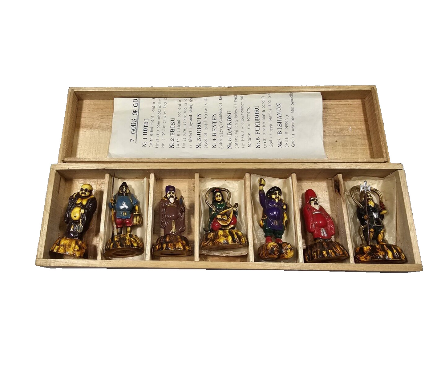 Vintage Celluloid Seven Lucky Gods Mini Figurines With Wooden Storage Box 