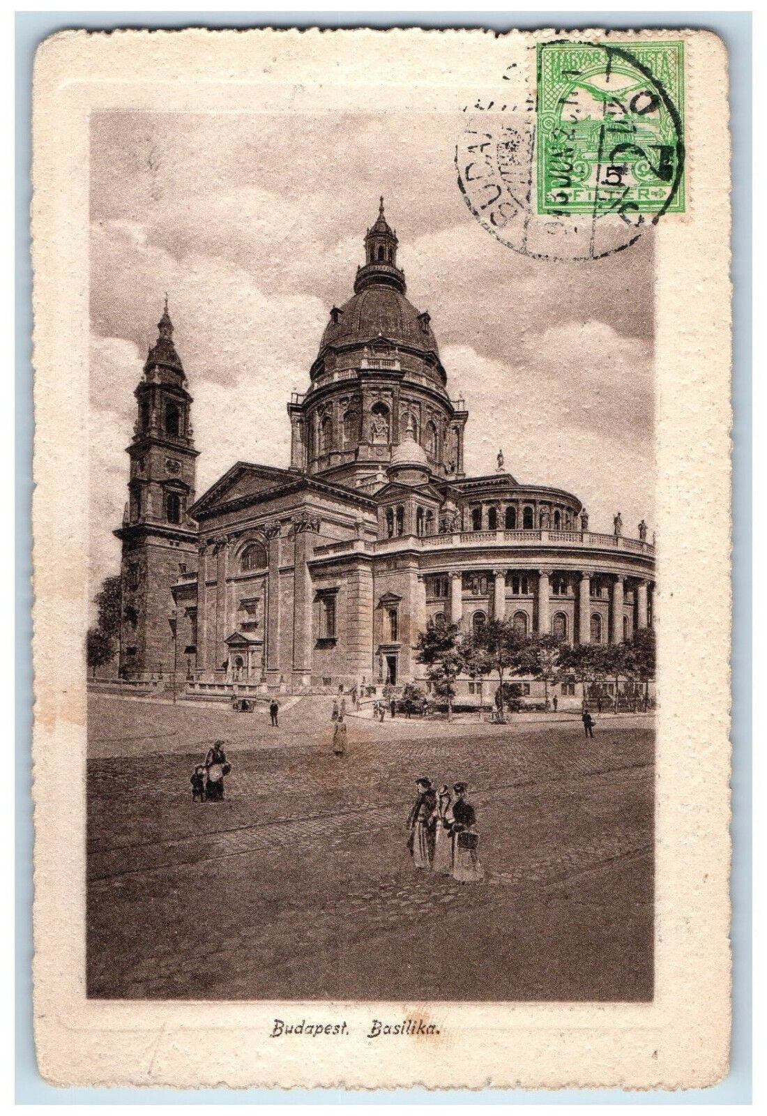 Budapest Hungary Postcard Scene Near Basilica Building c1940's Vintage
