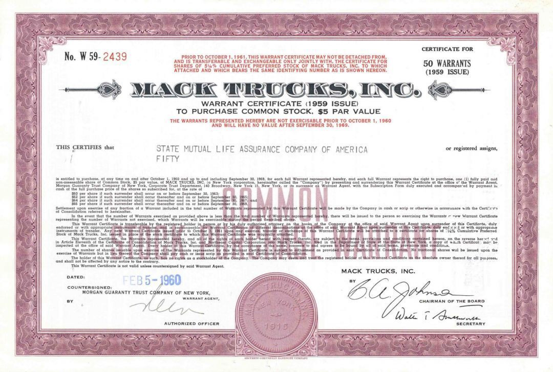Mack Trucks, Inc. - Automotive and Trucking Warrant Certificate - Automotive Sto