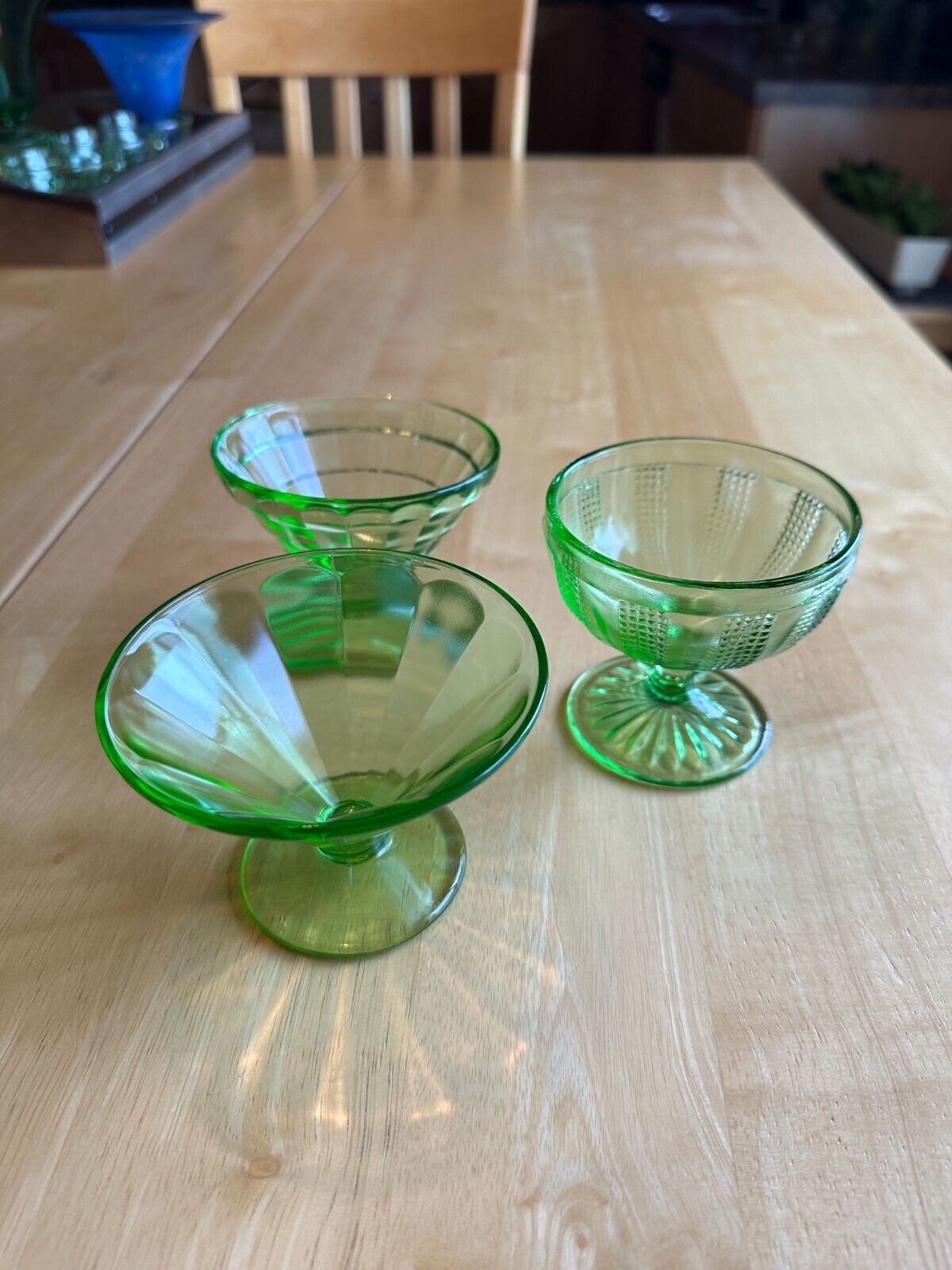 Mixed Set of 3 Anchor Hocking Hazel Atlas Uranium Green Glass Sorbet Bowls