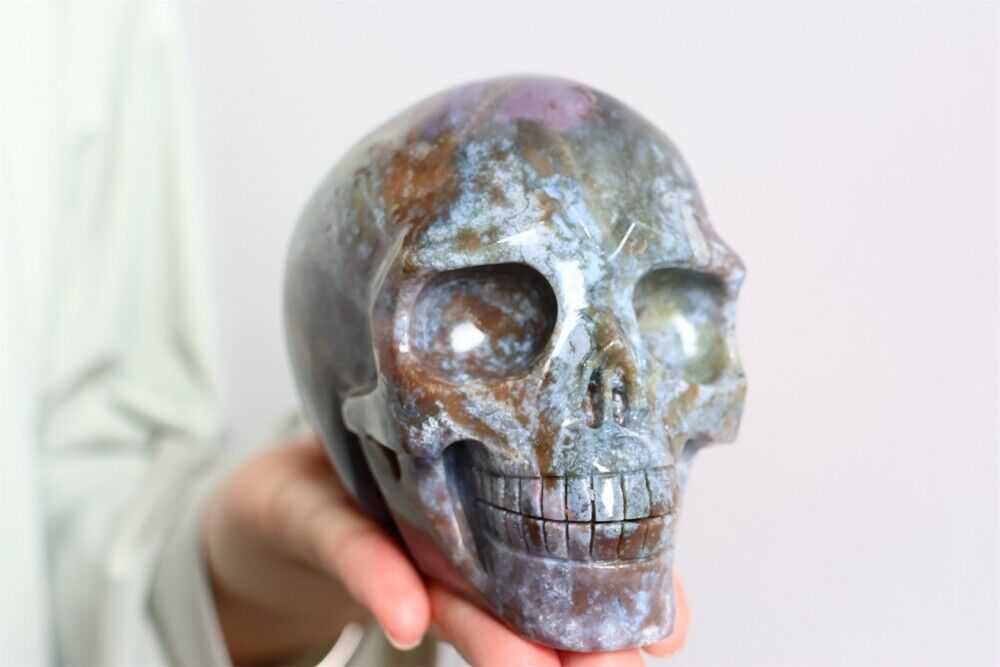 2.26LB Natural Moss Agate Skull Carved Quartz Crystal Skull Sculpture Reiki Gift