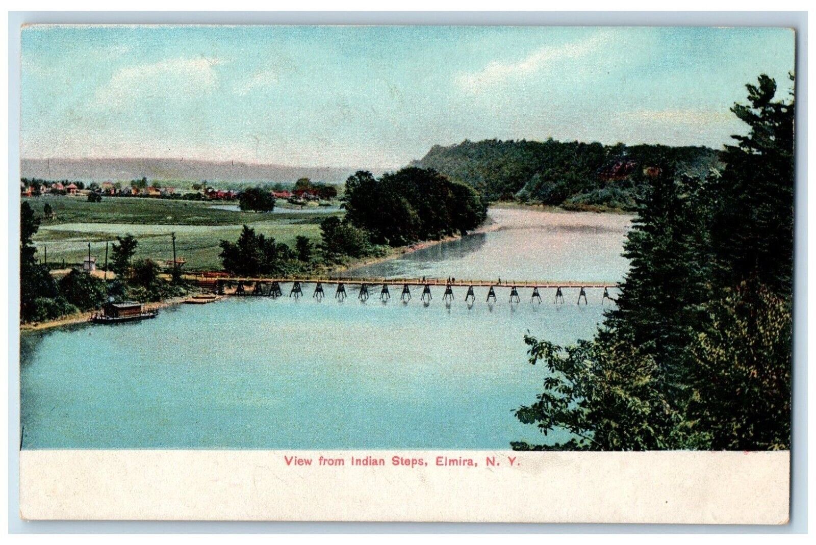 1909 View From Indian Steps Bridge Lake River Elmira New York Vintage Postcard