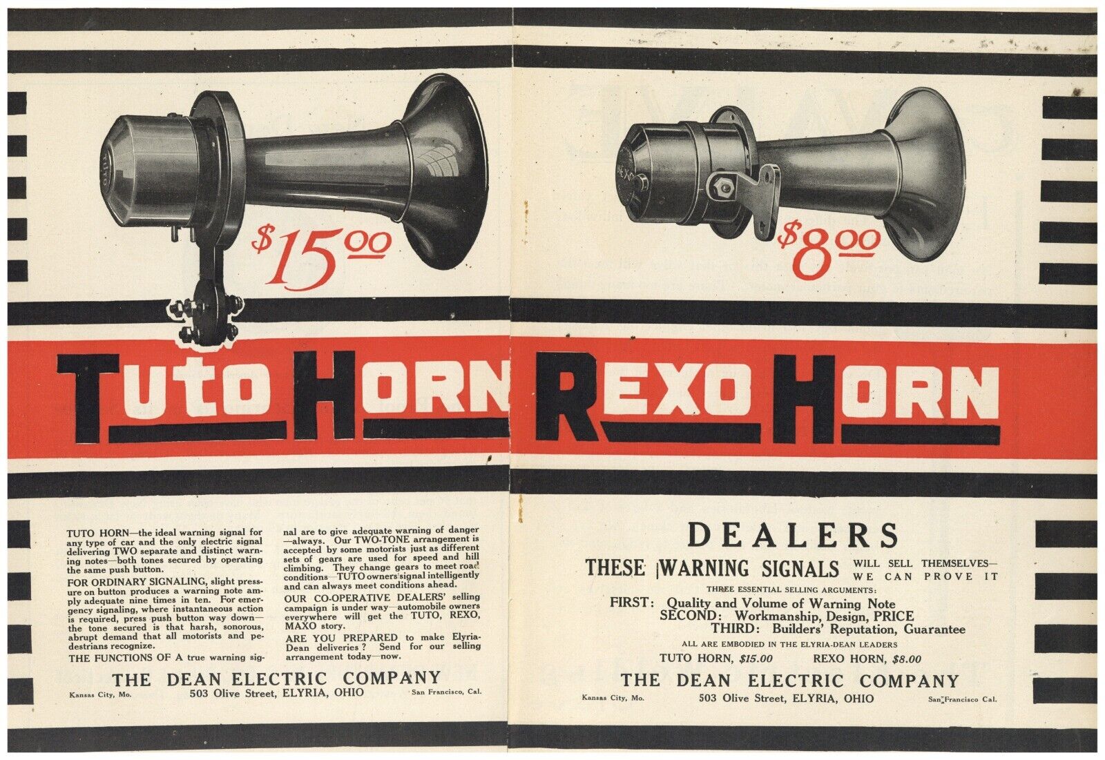 1913 Dean Electric Co. 2 Separate Pg. Ad: Rexo & Tuto Auto Horns. Elyria, OhiO