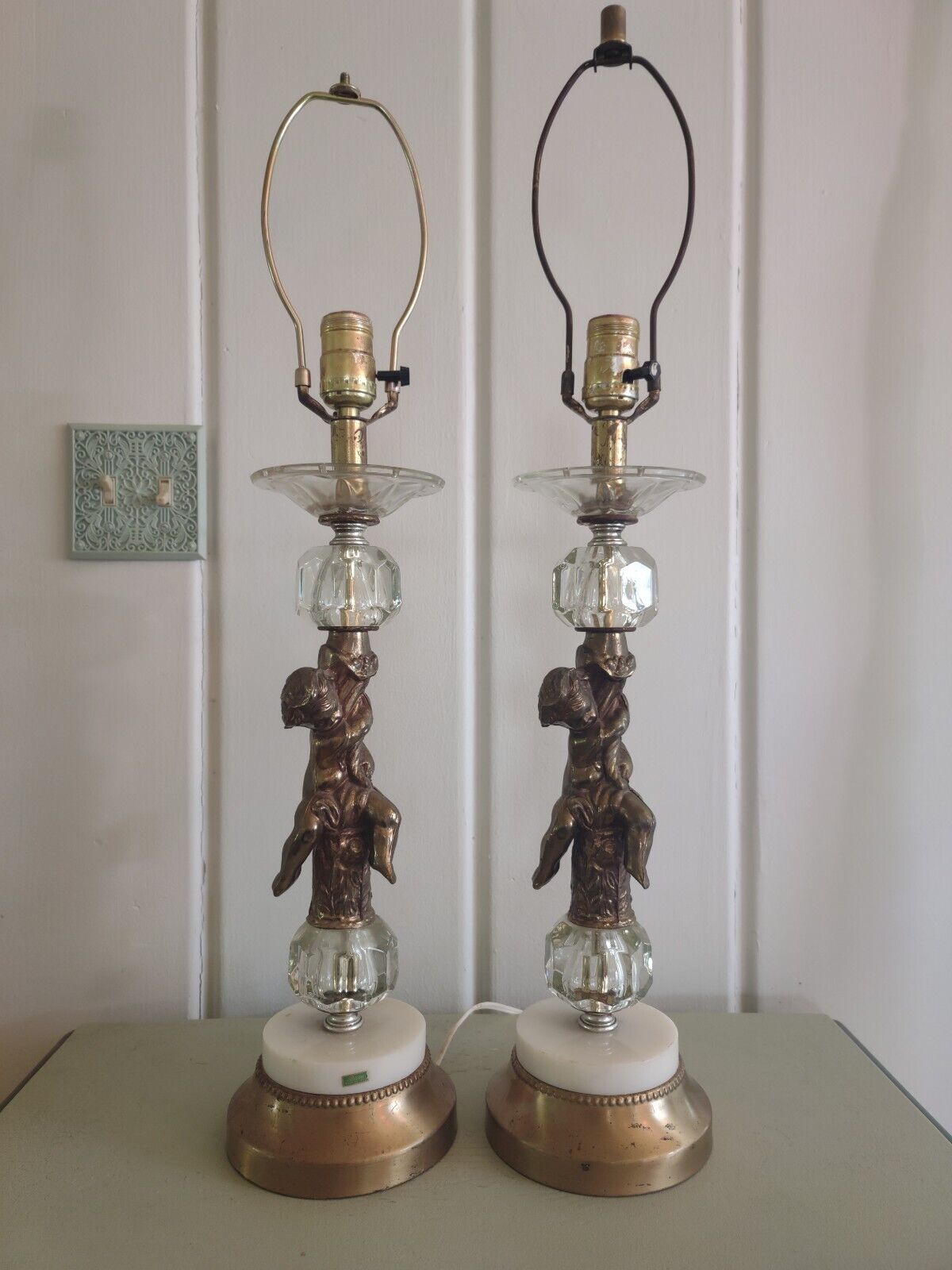 RESERVED Pair Vintage Hollywood Regency Angel Cherub Lamps Marble, Brass, Glass