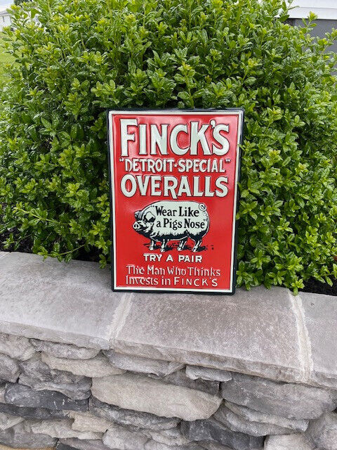Antique Vintage Old Style Sign Fincks Overalls Made USA - Measures 20 x 14