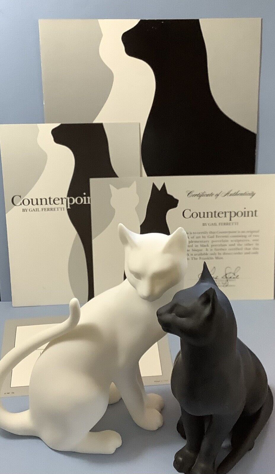 SALE $23 “Counterpoint” Pair Cat Figurines BlK Porcelain &Wt Bisque COA Ferretti