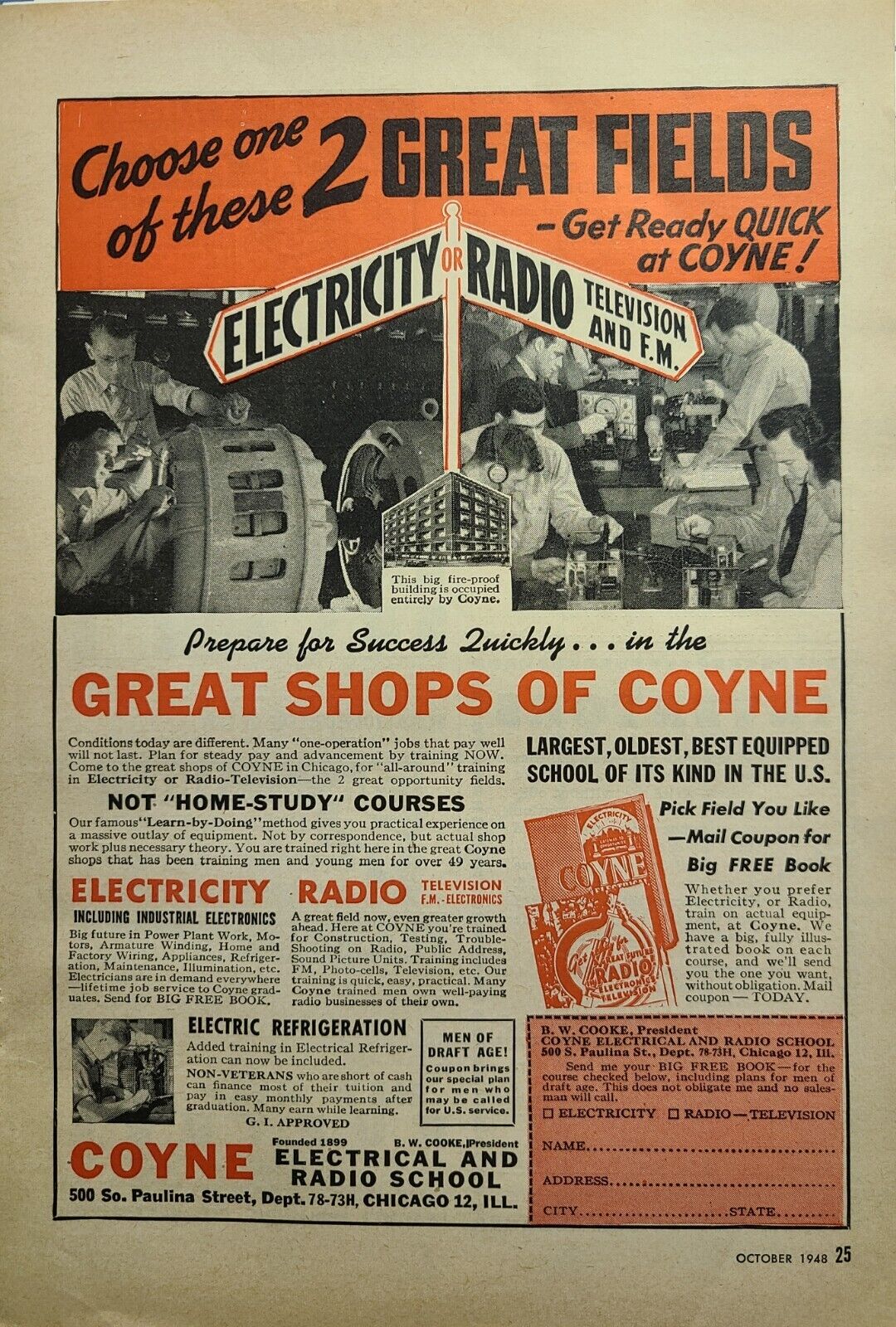 Coyne Electrical and Radio School Chicago Television & FM Magazine Print Ad 1948