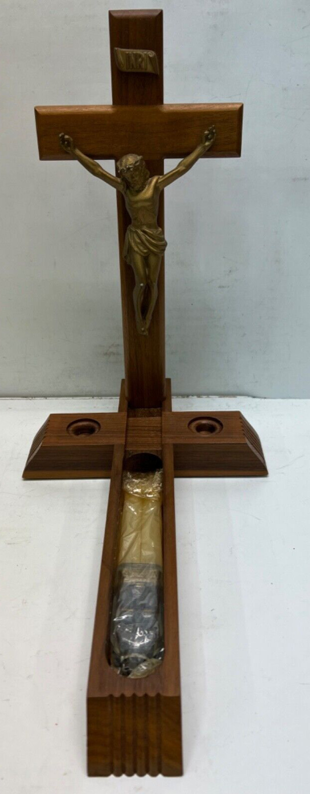 vintage wooden cross crucifix catholic holy water bottle & candles in package