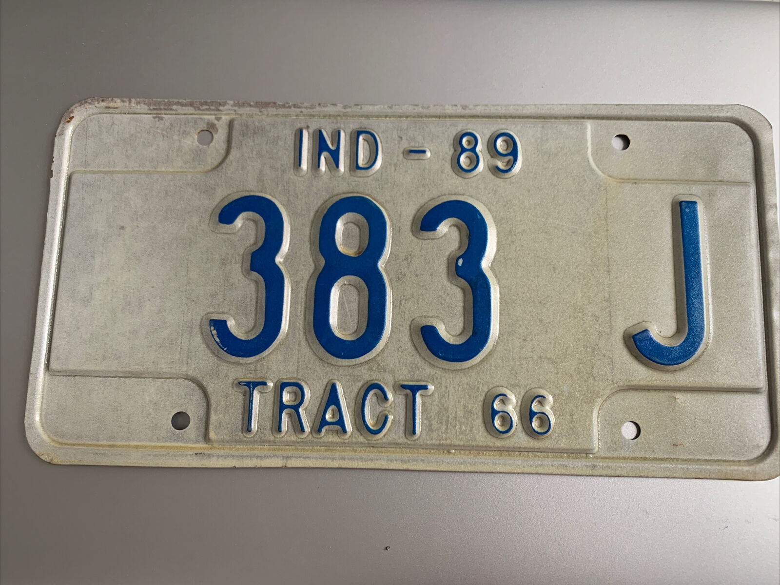 Indiana License Plate. Vintage 1989 Tractor # 383 J. Tract 66