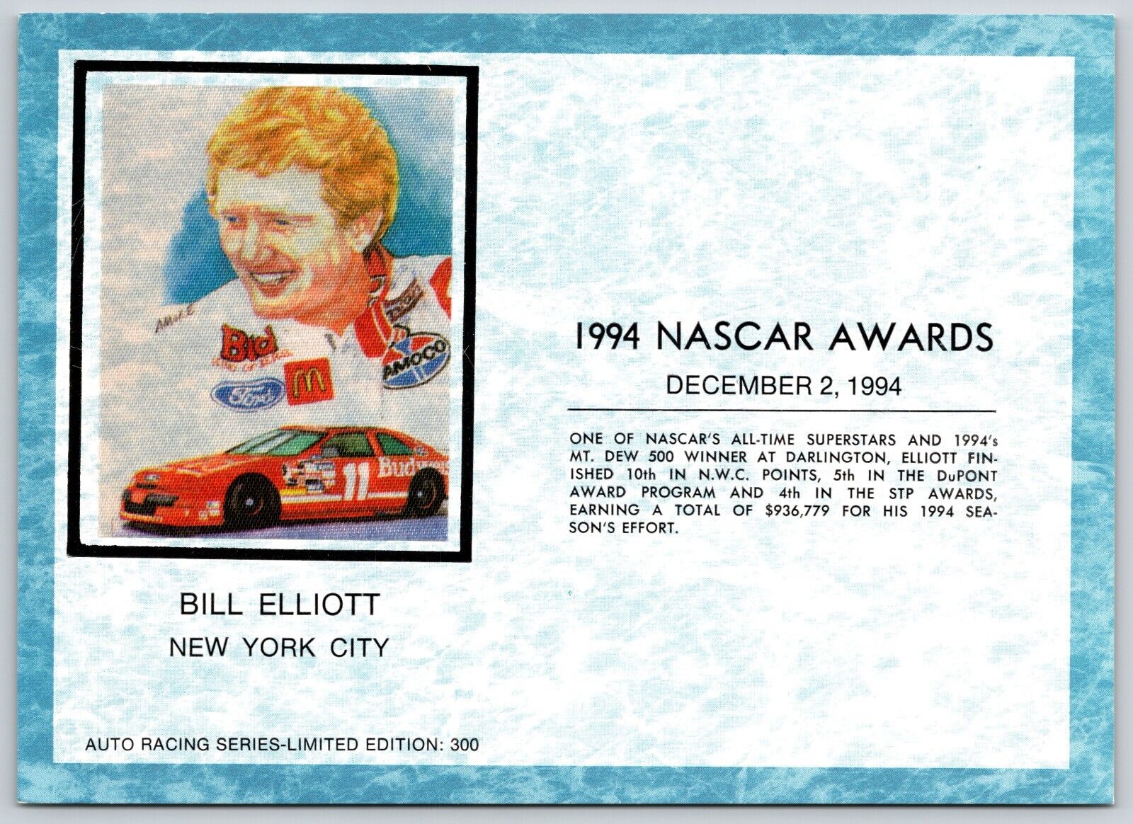 Postcard Bill Elliott 1994 NASCAR Awards Auto Racing Series Oversized