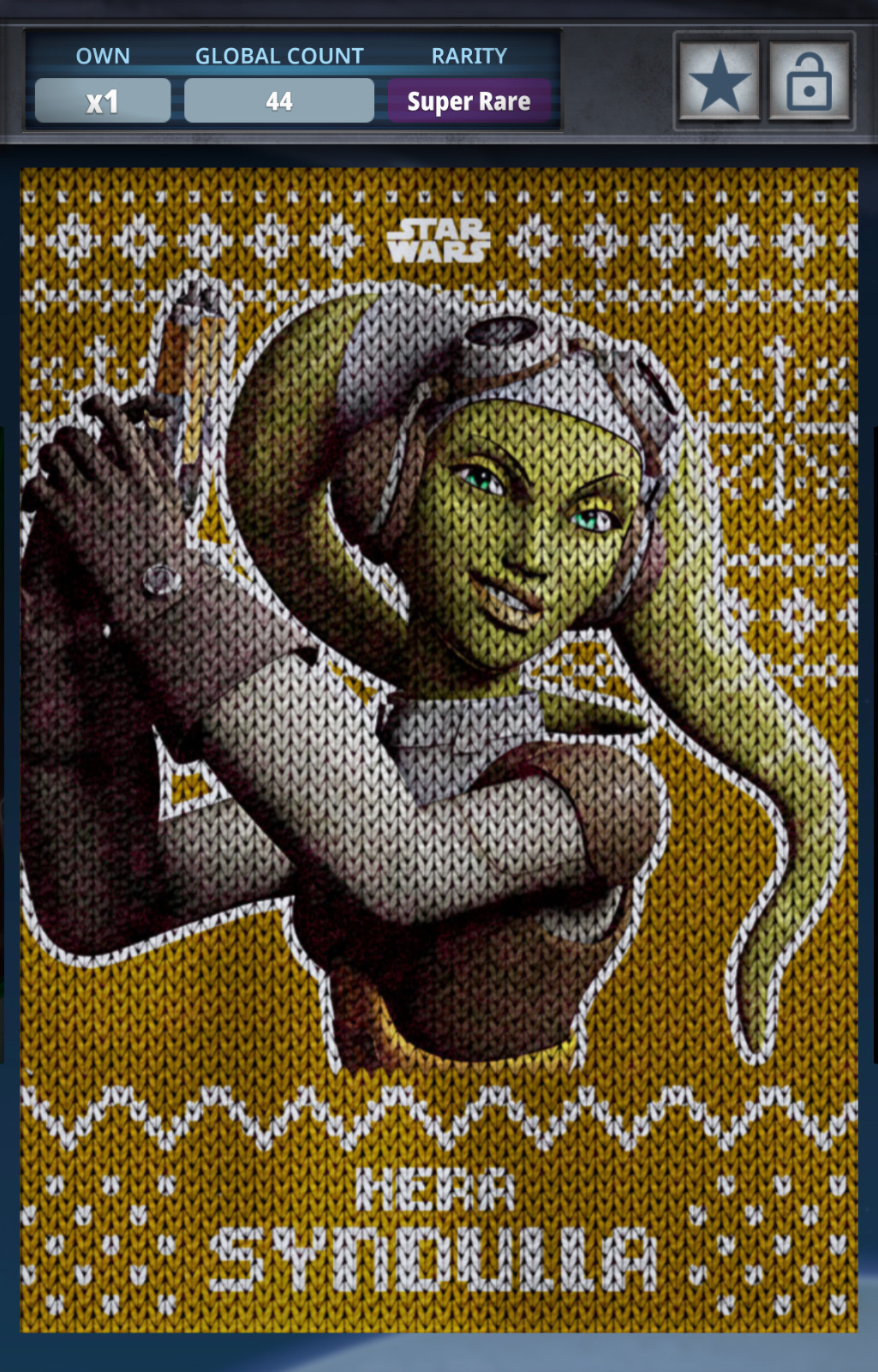 Topps Star Wars Card Trader 2019 Hera Syndulla Holiday Ugly Sweater Gold 44cc