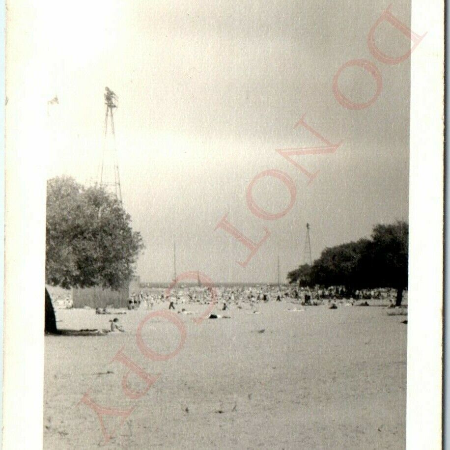 c1940s Chicago, IL Lake Michigan Beach Real Photo Towers People Shore Park C9