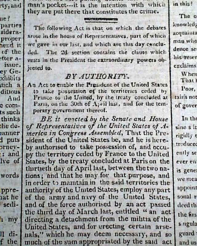 LOUISIANA PURCHASE Thomas Jefferson Act of Congress Proclamation 1803 Newspaper
