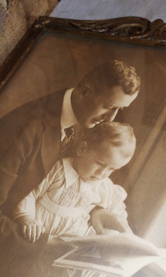 Antique English Framed Photograph-Edwardian Era-Sepia-Father & Child-Charming