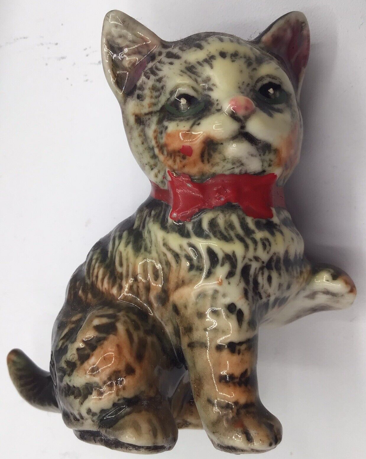Vintage Camille Naudot Ceramic Striped Tabby Cat Kitten Red Bowtie(5)