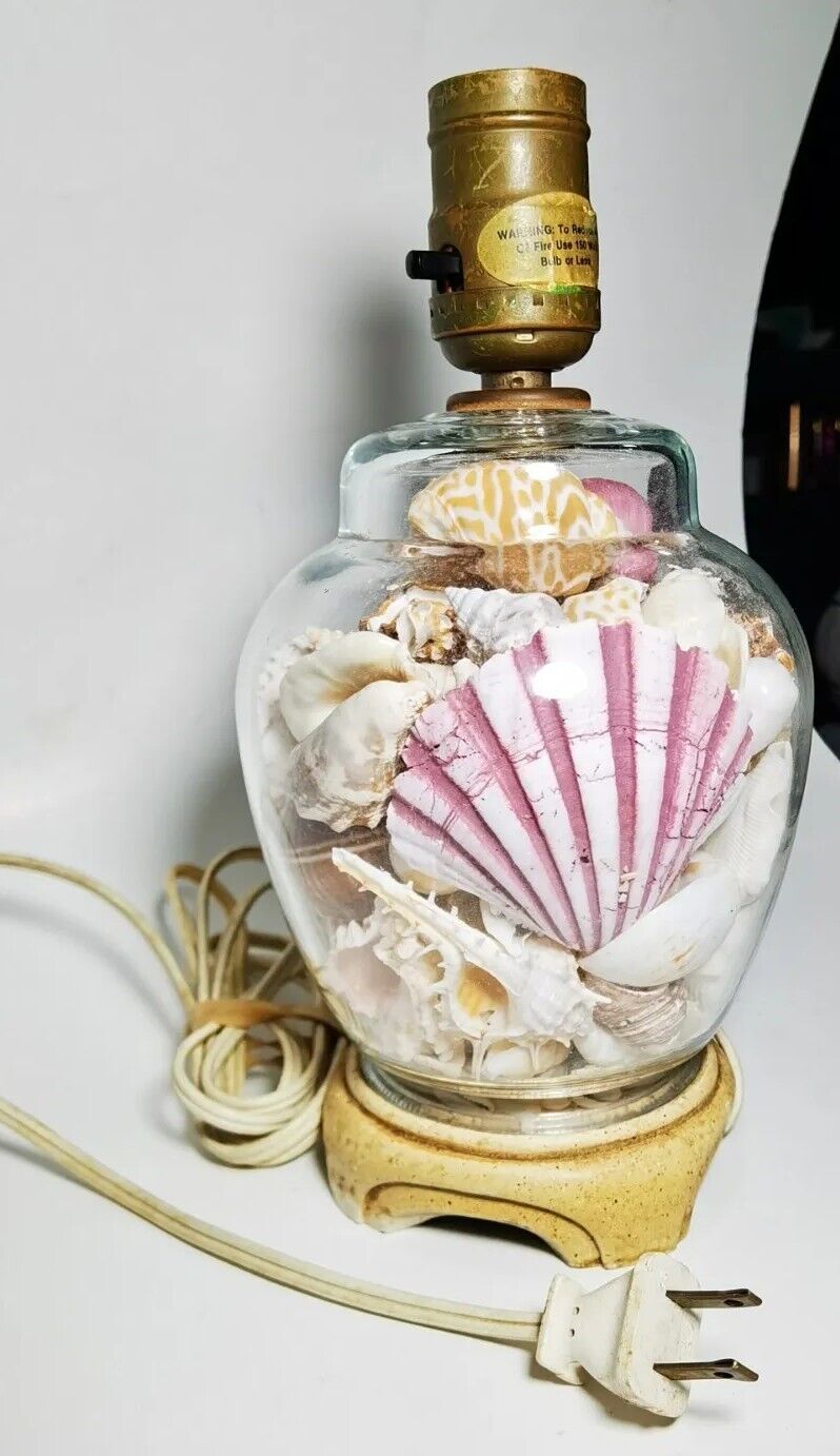 Seashell Filled Glass Table Lamp Starfish Sea Horse Beach House