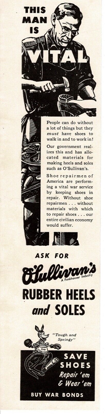 1943 O\'Sullivan\'s Shoe Rubber Heels Soles WWII Buy War Bonds Vintage Print Ad 2