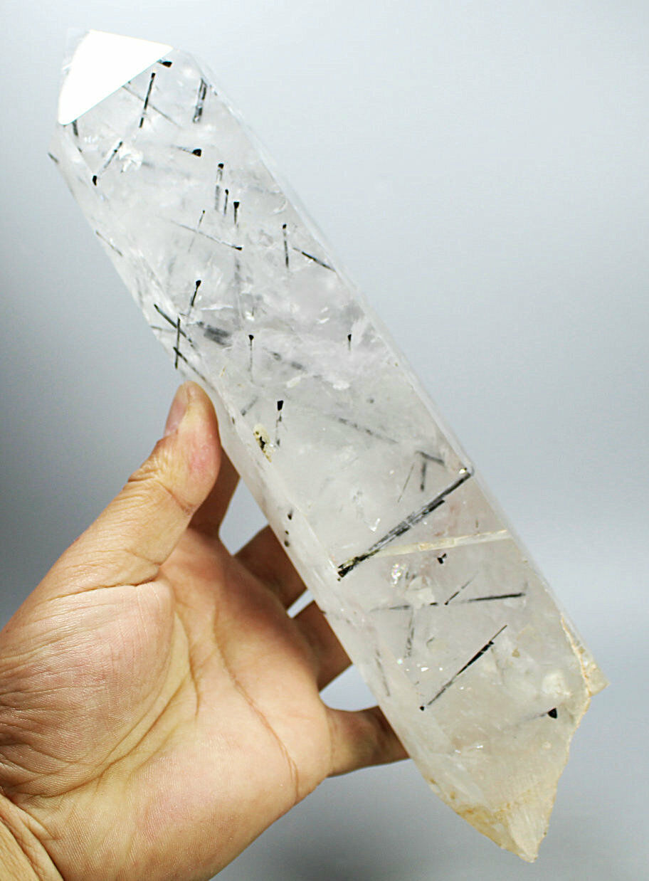 2.44lb Natural Clear Black Tourmaline Quartz Crystal Obelisk Wand Point Healing