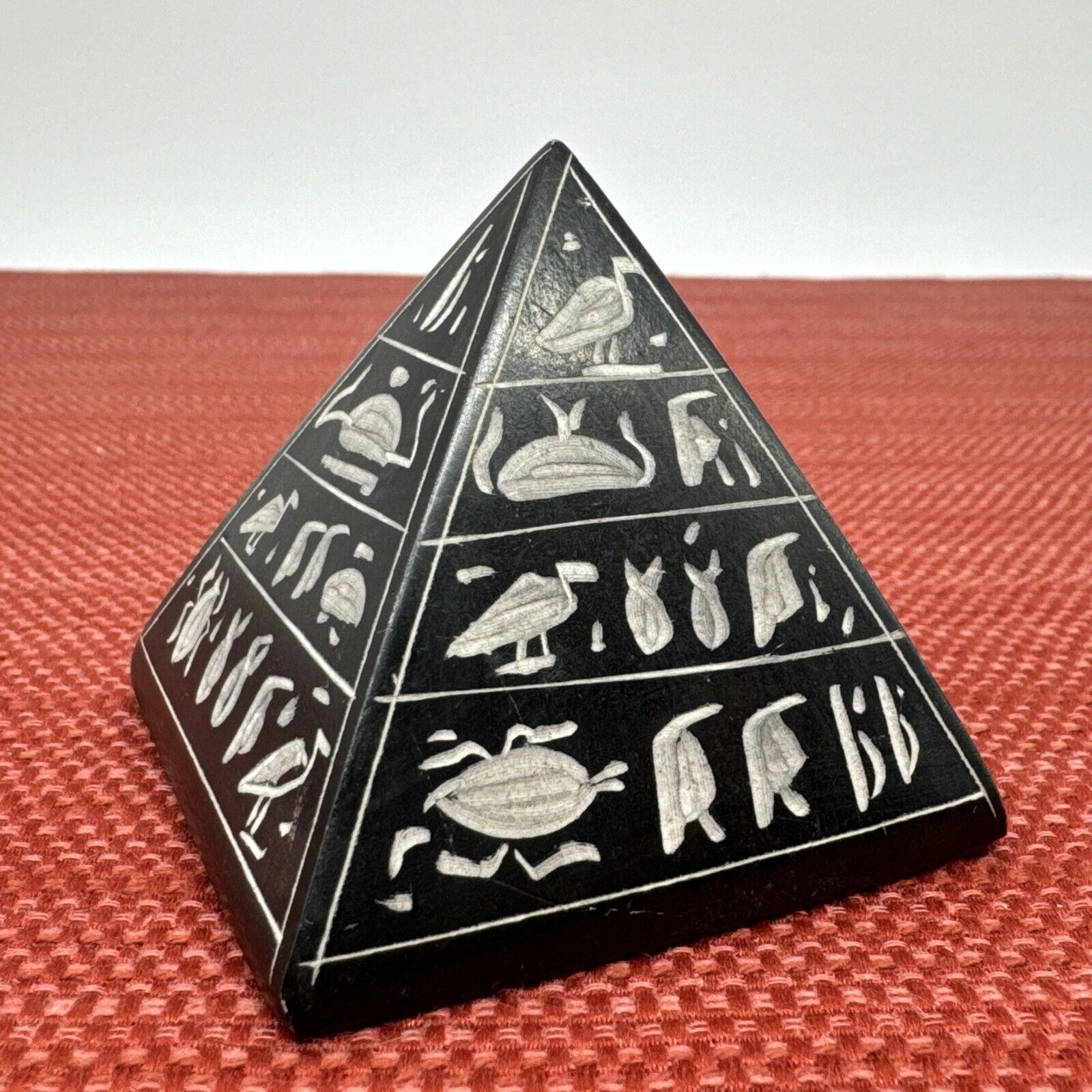Egyptian Hieroglyph Pyramid Hand Carved Basalt Stone Paperweight Statue