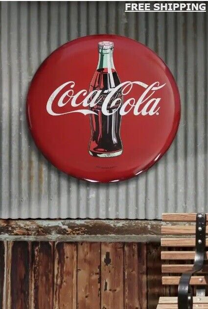 24 in. x 24 in. Coca-Cola Hollow Curved Tin Button Sign 3D Effect Adds Depth