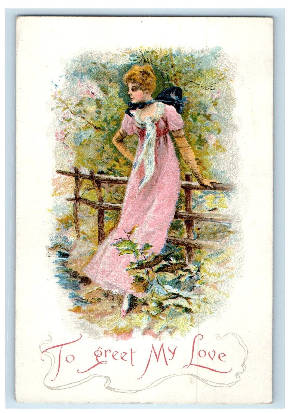 1906 Beautiful Victorian Girl Dress Pink Greet My Love Unposted Antique Postcard