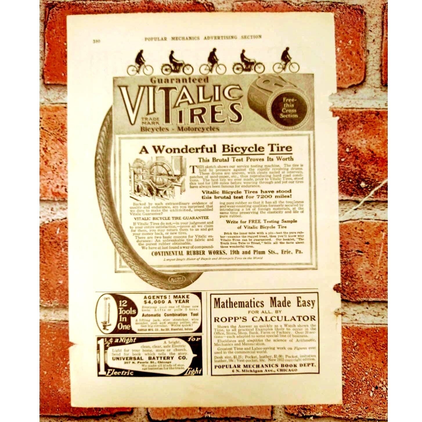 1914 Vitalic Bicycle Tires / Ropp's Calculator / + / Original Vtg PRINT AD Page 