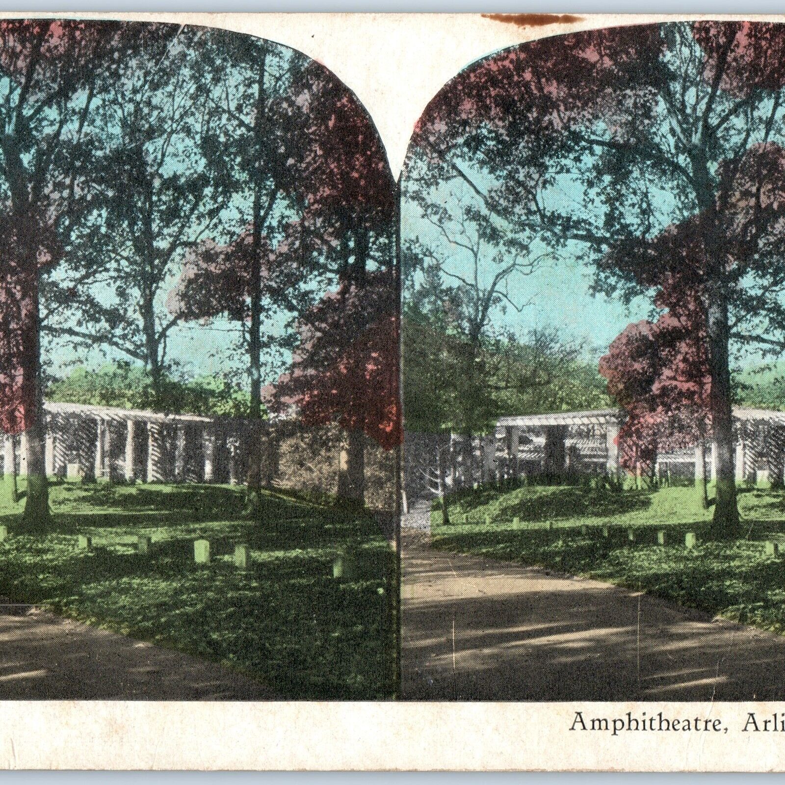 c1900s Arlington, Virginia Amphitheatre Cemetery Stereoview Hand Colored V36