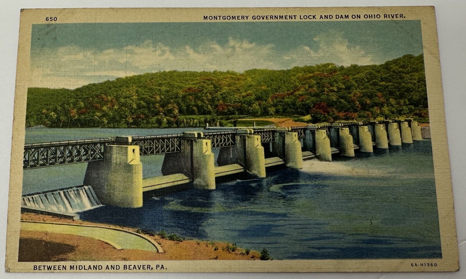 Montgomery Govt Lock and Dam on Ohio River Between Midland & Beaver PA Postcard
