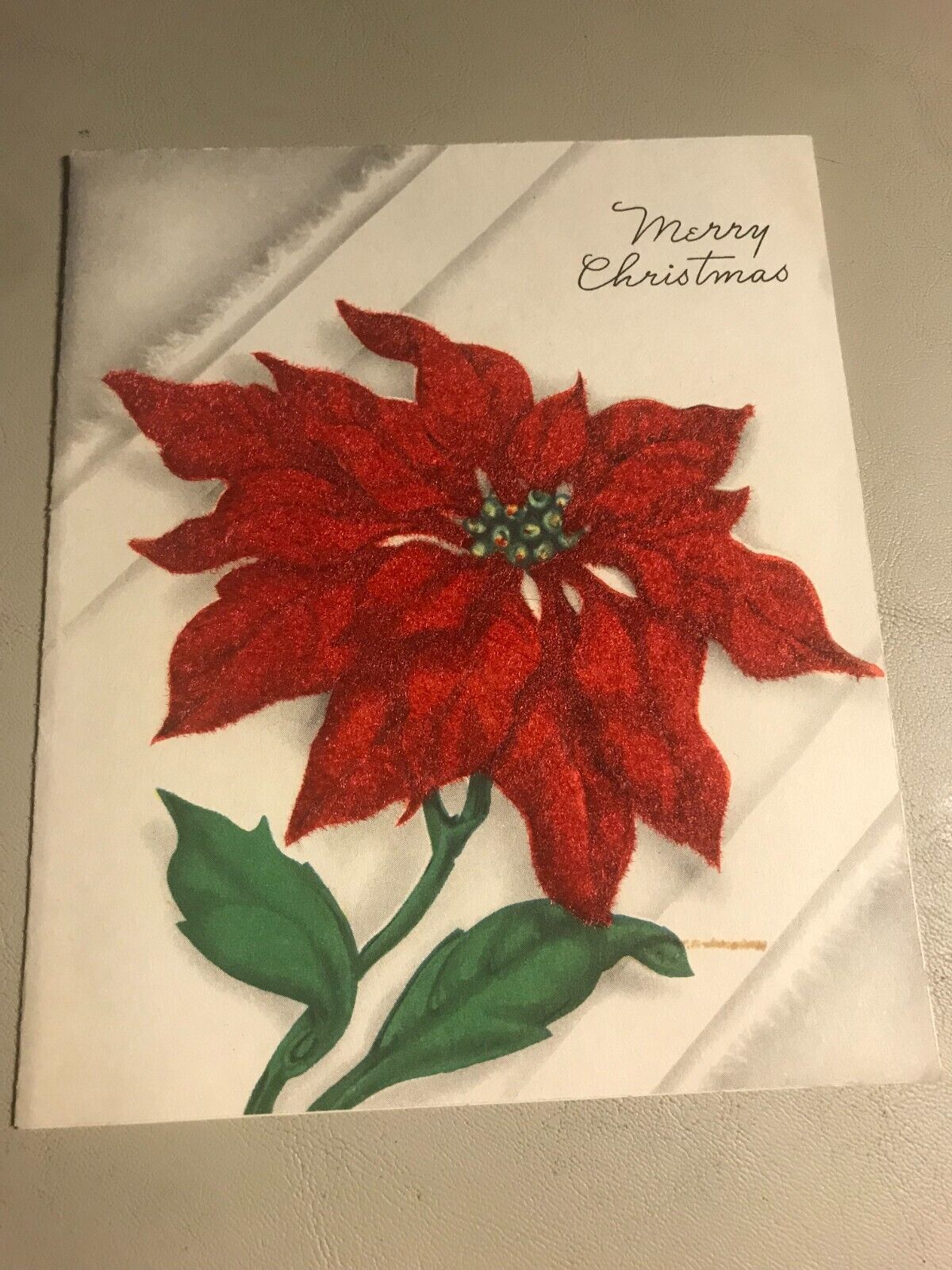 Vintage Flocked Poinsettia Merry Christmas Card Used