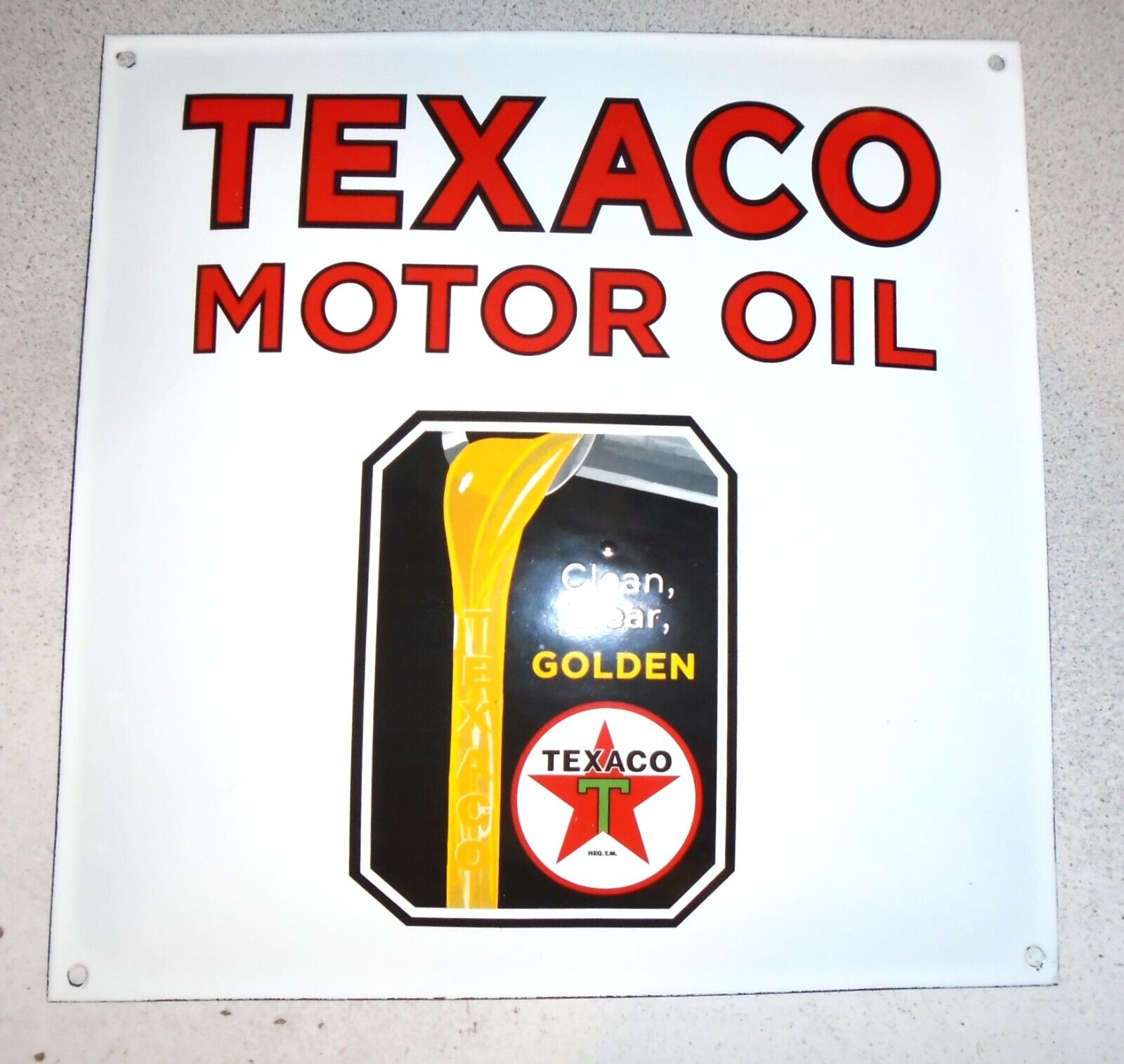Vintage Porcelain Sign Texaco Clean Clear Golden Gasoline Motor Oil Gas Pump 12\