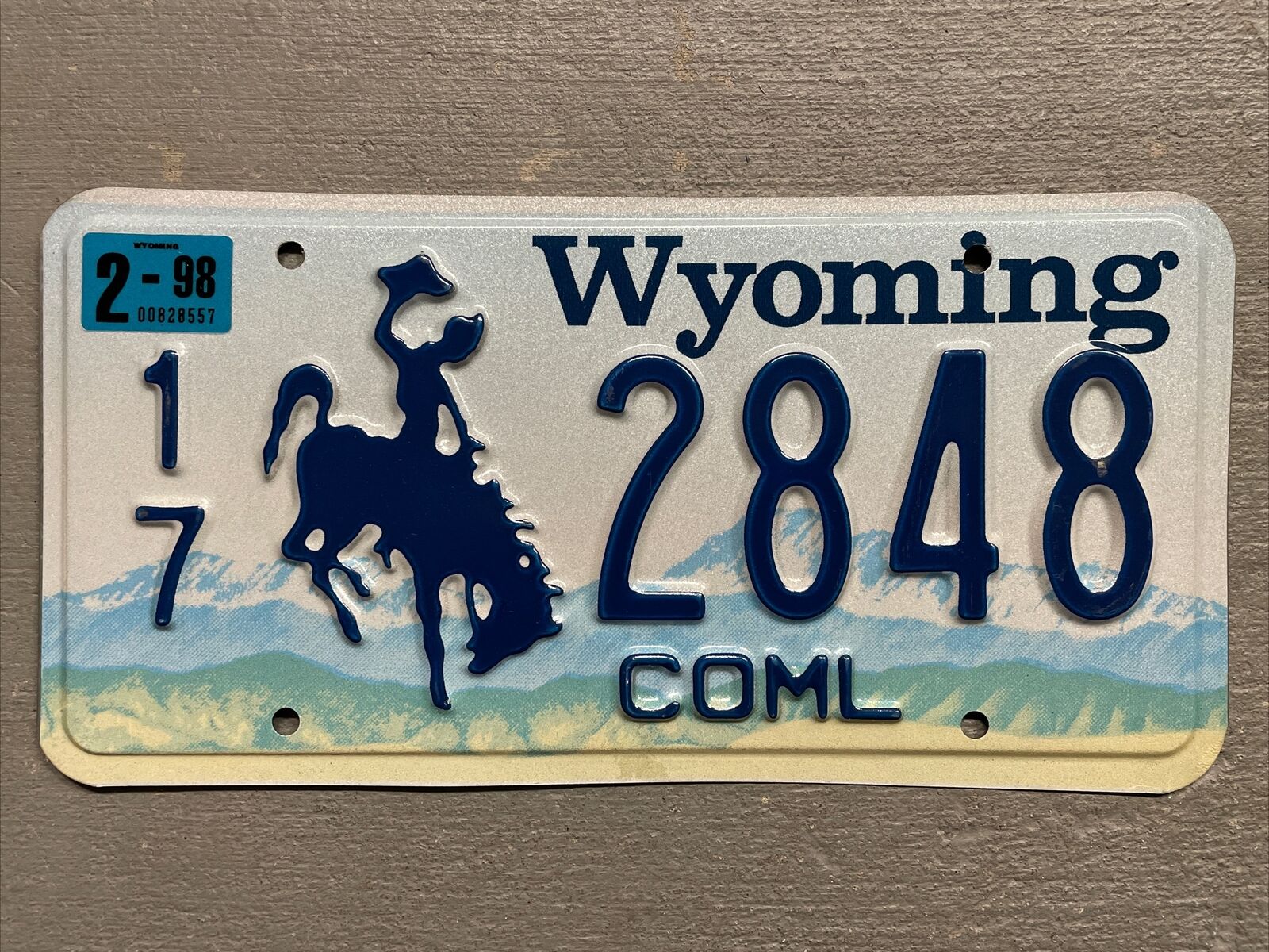 VINTAGE WYOMING LICENSE PLATE BUCKING BRONCO COMMERCIAL RANDOM LETTERS/NUMBERS