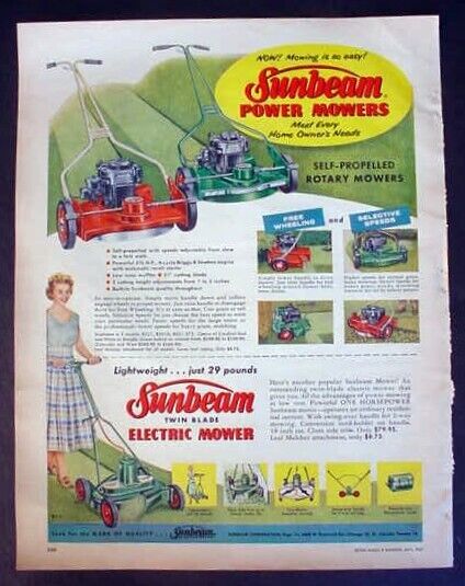 Vintage 1957 Sunbeam Power mowers Self Propelled Rotary Electric Color Print Ad