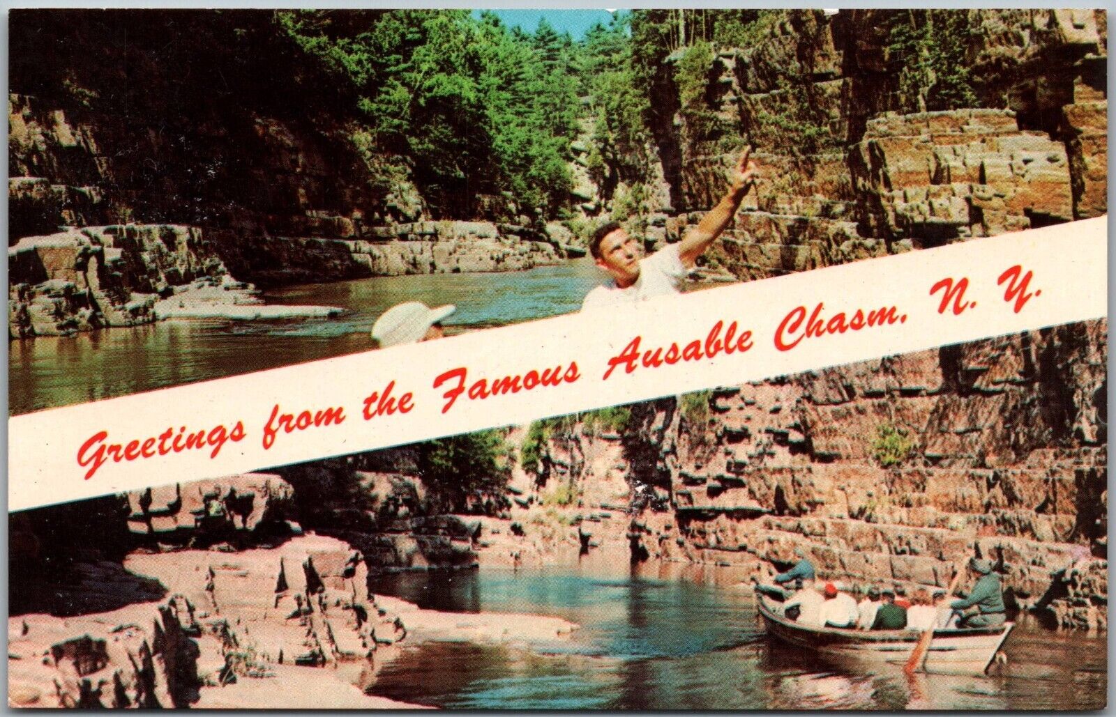 Greetings from Ausable Chasm NY Postcard Scenic Boat Trip Vintage Post Card 1968