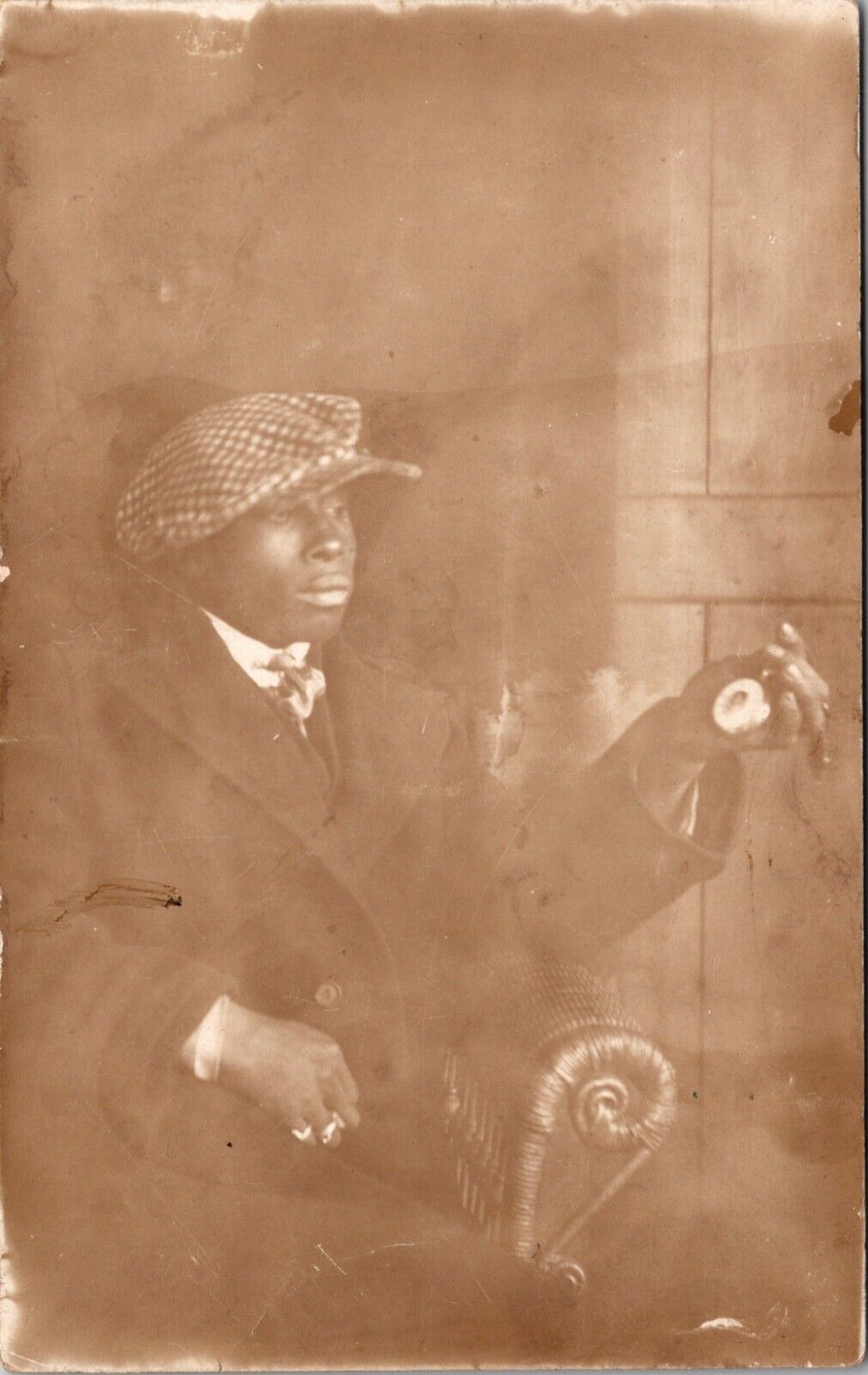 RPPC Black Americana Well Dressed Young Man Holding Pocket Watch Checkered Cap
