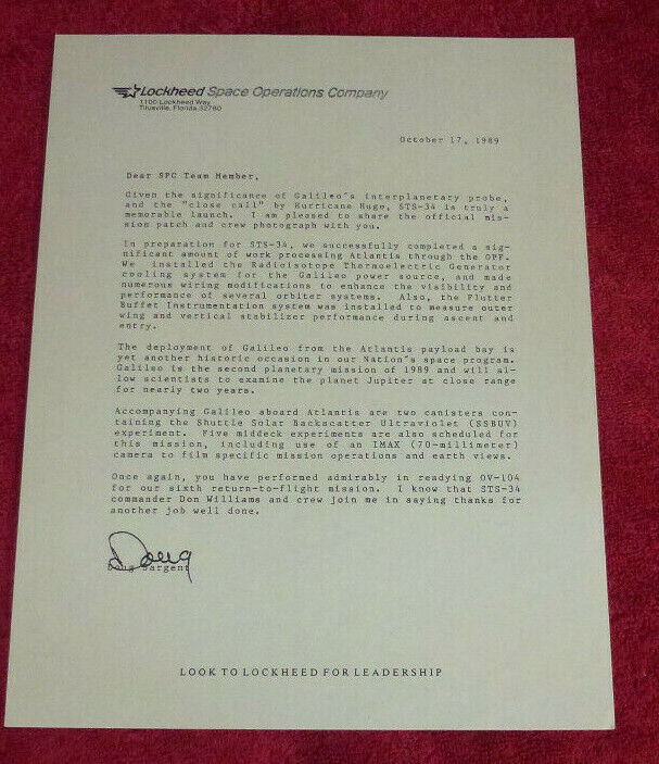 NASA STS-34 Letter Lockheed Space Operations Launch Space Shuttle Atlantis
