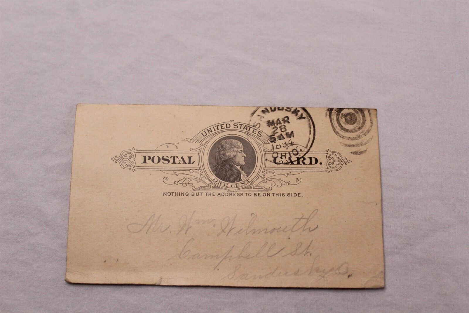 Postal Card Antique 1894 Prepaid U.S. Postal Cancelled Mar 28 Sandusky, OH