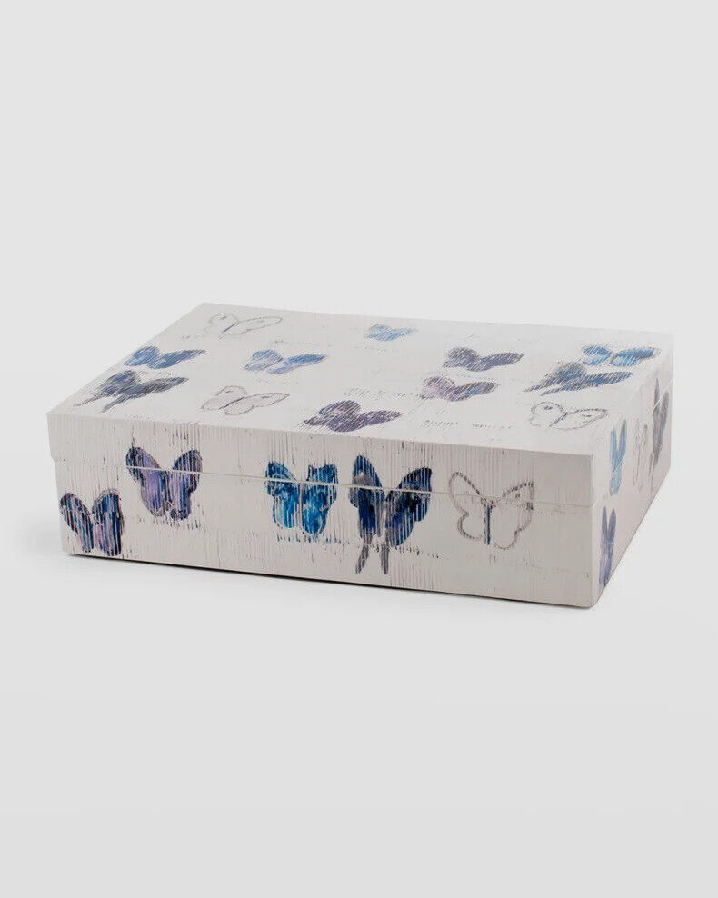 $225 Hunt Slonem White Blue Morpho Butterfly Lacquer Box 11 x 7.5 x 3