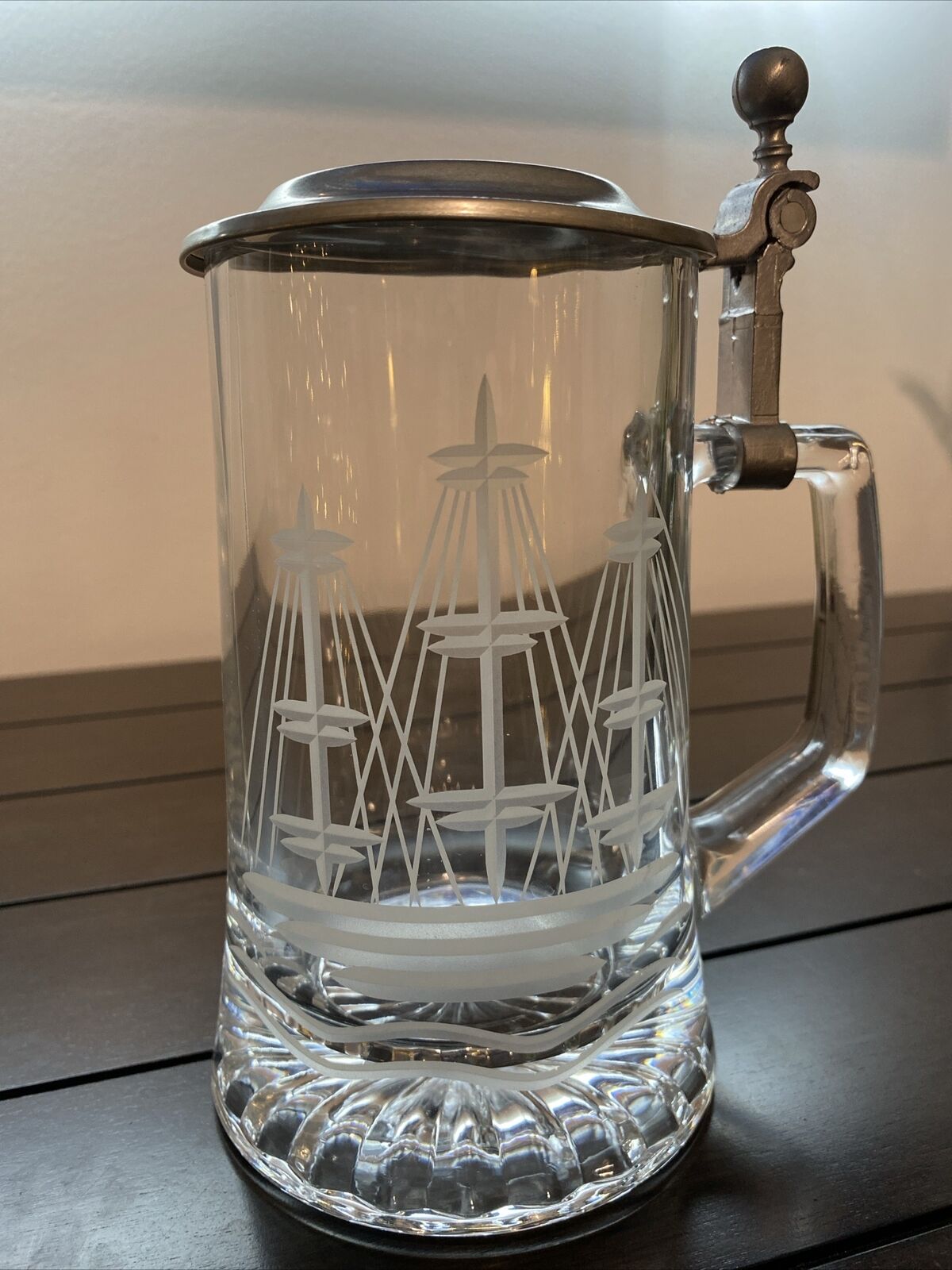 Vintage ALWE Etched Glass Lidded Beer Stein, 3 Mast Sailing Ship, West Germany