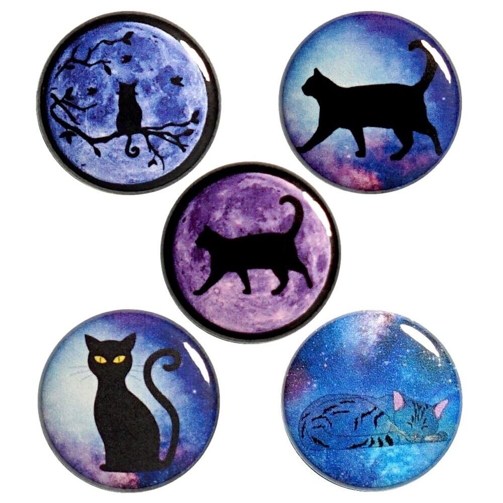Cat Buttons Walking In Space Pins Full Moon Purple Blue 5 Pack Gift Set 1” P66-1