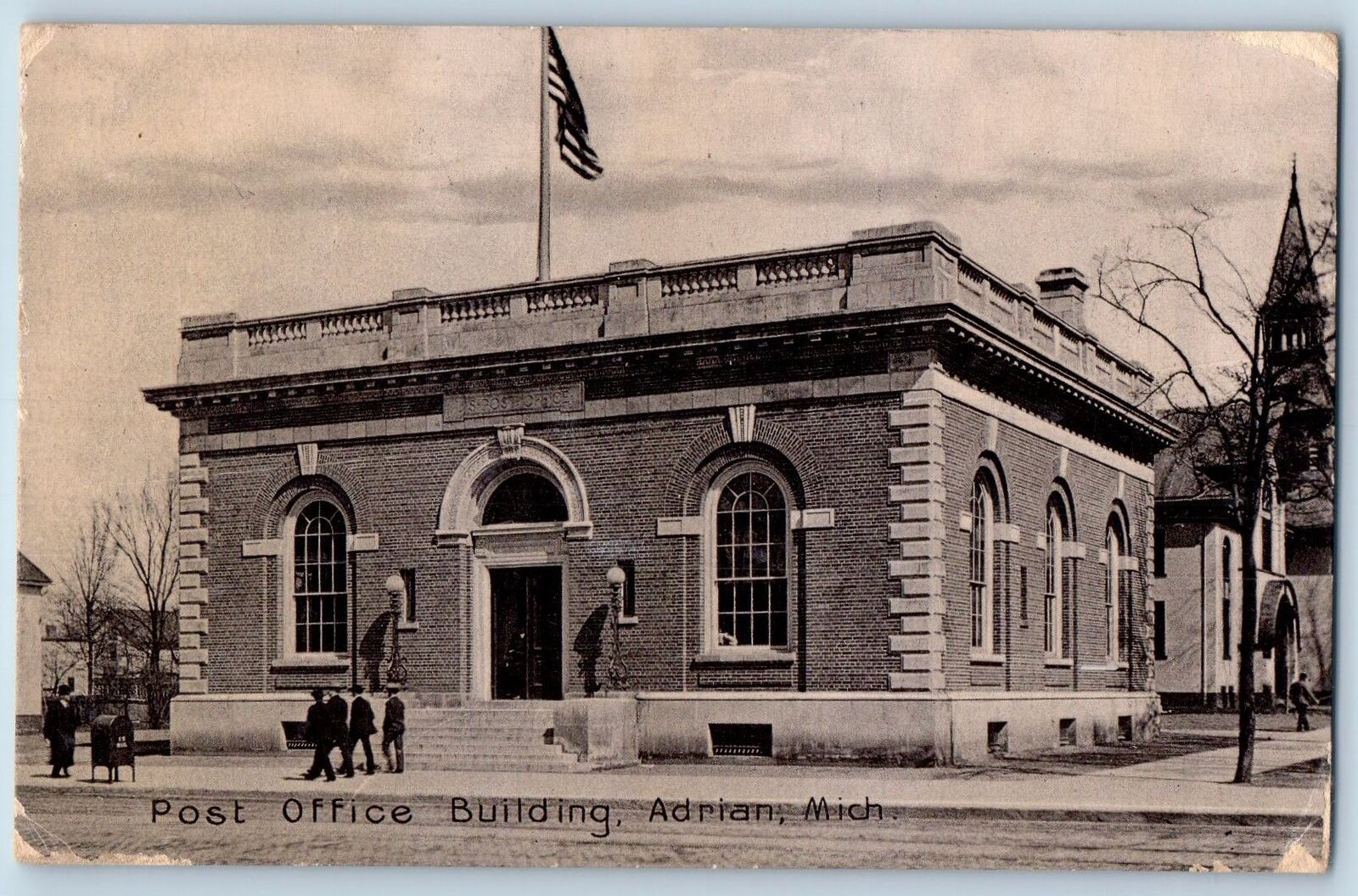 Adrian Michigan MI Postcard Post Office Building Exterior Roadside 1909 Flag