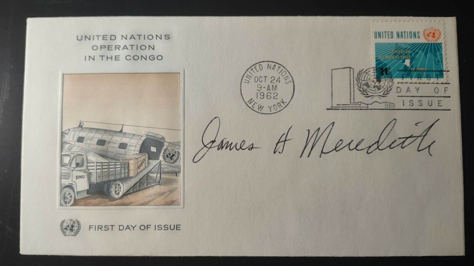 UNITED NATIONS FIRST DAY COVER SIGNED BY JAMES H MEREDITH. LIFETIME COA