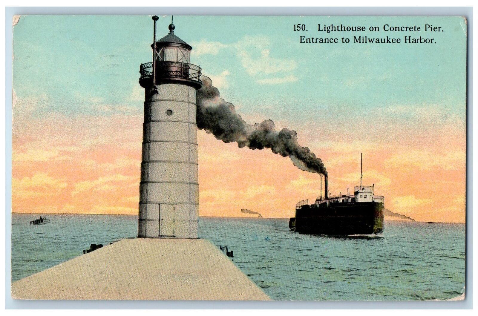 1913 Lighthouse On Concrete Pier Entrance To Milwaukee Harbor Wisconsin Postcard
