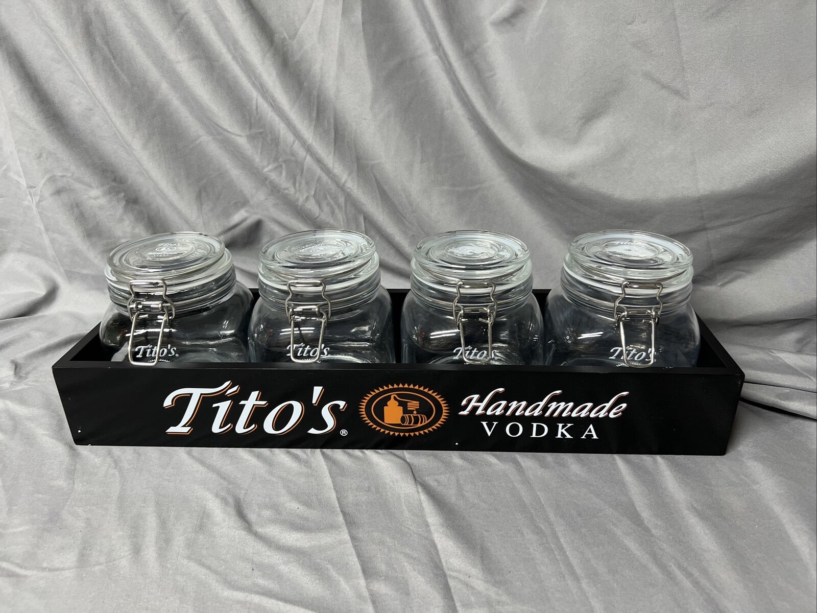 Tito’s Vodka Wooden Bar Caddy Condiment Holders Mason 4 Jars Double Sided NEW