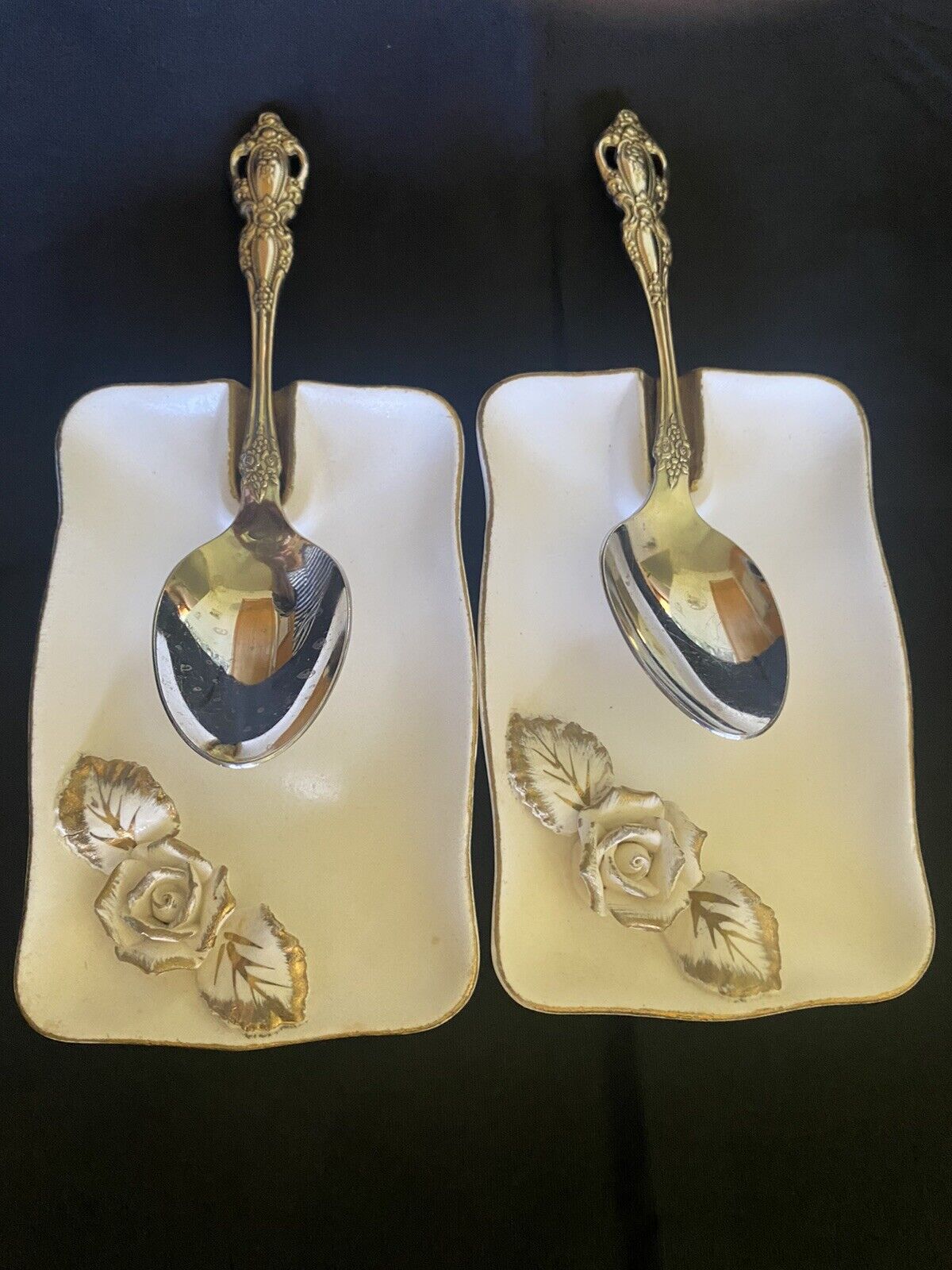 Pair Of Antique Bareuther Spoon Rests Trinket Trays # 781 On Bottom Of Each