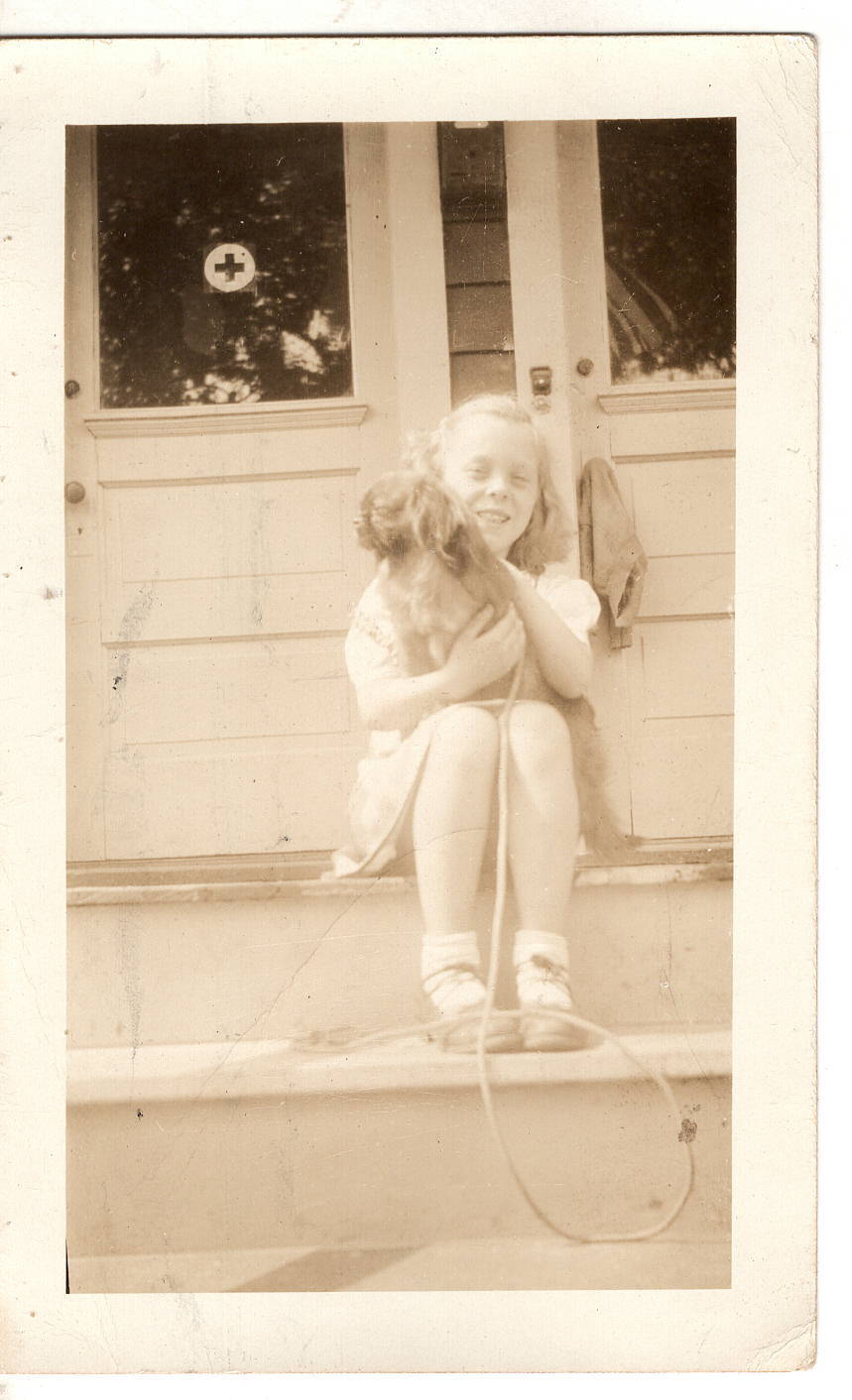 Photograph Girl Dog C1940's Red Cross  2.75 x 4.5 inches